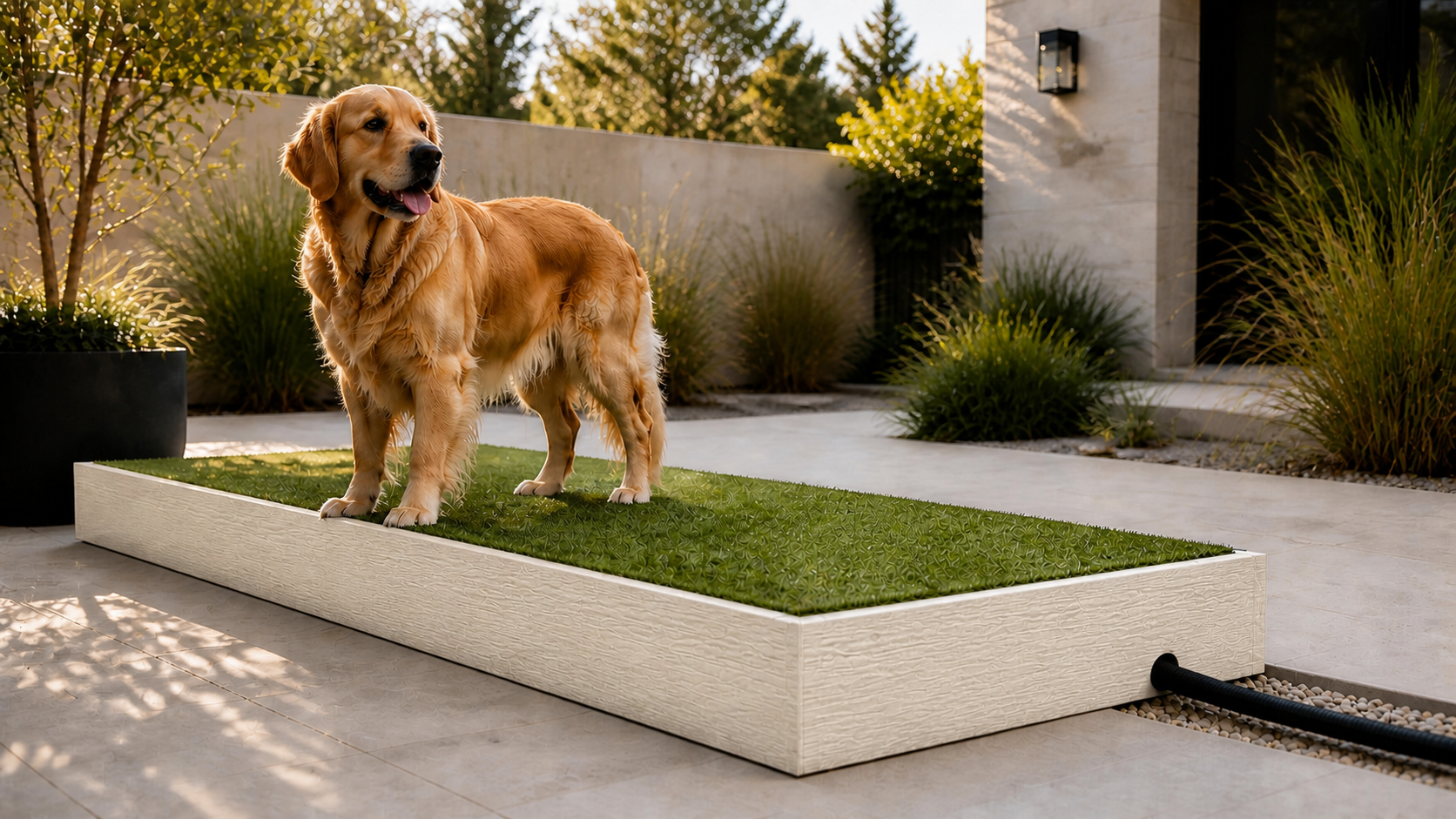 A golden retriever standing on a cream wood-grain PottyDeck